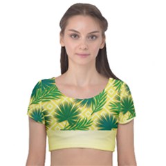 Yellow Tropical Pattern Velvet Short Sleeve Crop Top  by designsbymallika