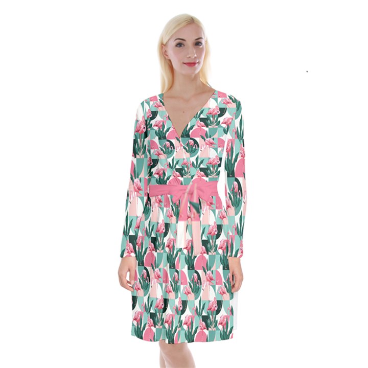 Beautiful Flamingo Pattern Long Sleeve Velvet Front Wrap Dress