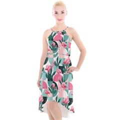 Beautiful Flamingo Pattern High-low Halter Chiffon Dress  by designsbymallika