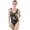 Beautiful Ships Pattern High Leg Strappy Swimsuit View1