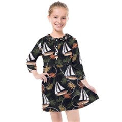 Beautiful Ships Pattern Kids  Quarter Sleeve Shirt Dress by designsbymallika