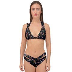 Animal Print Leaves Pattern Double Strap Halter Bikini Set by designsbymallika