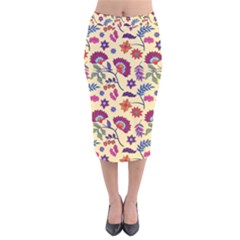 Pretty Ethnic Flowers Velvet Midi Pencil Skirt by designsbymallika