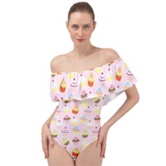 Cupcakes Festival Pattern Off Shoulder Velour Bodysuit 