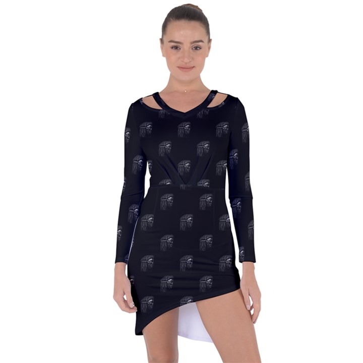 Arfican Head Sculpture Motif Print Pattern Asymmetric Cut-Out Shift Dress