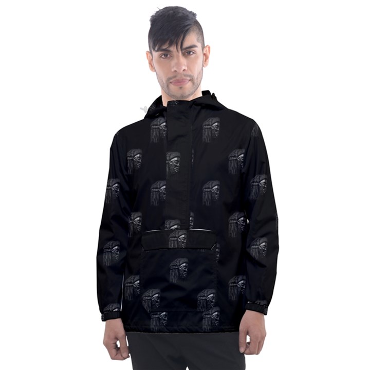 Arfican Head Sculpture Motif Print Pattern Men s Front Pocket Pullover Windbreaker