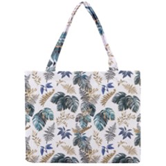 Blue Metallic Leaves Pattern Mini Tote Bag by designsbymallika