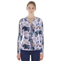 Blue Metallic Leaves Pattern V-neck Long Sleeve Top by designsbymallika