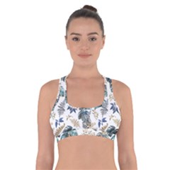 Blue Metallic Leaves Pattern Cross Back Sports Bra by designsbymallika