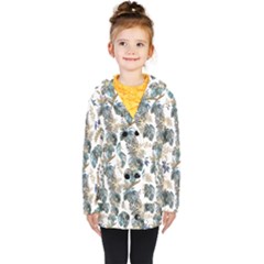 Blue Metallic Leaves Pattern Kids  Double Breasted Button Coat by designsbymallika