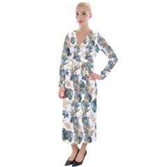 Blue Metallic Leaves Pattern Velvet Maxi Wrap Dress by designsbymallika