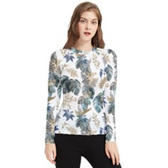 Blue Metallic Leaves Pattern Women s Long Sleeve Rash Guard