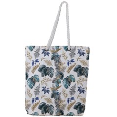 Blue Metallic Leaves Pattern Full Print Rope Handle Tote (large) by designsbymallika