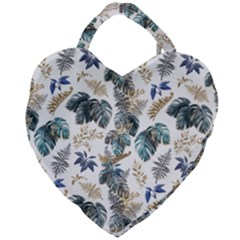 Blue Metallic Leaves Pattern Giant Heart Shaped Tote by designsbymallika