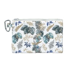 Blue Metallic Leaves Pattern Canvas Cosmetic Bag (medium)