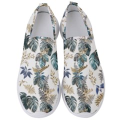 Blue Metallic Leaves Pattern Men s Slip On Sneakers by designsbymallika