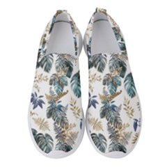 Blue Metallic Leaves Pattern Women s Slip On Sneakers by designsbymallika