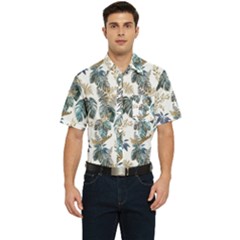 Blue Metallic Leaves Pattern Men s Short Sleeve Pocket Shirt 