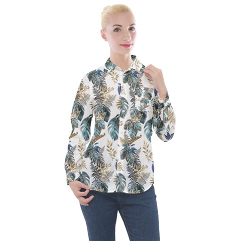 Blue Metallic Leaves Pattern Women s Long Sleeve Pocket Shirt by designsbymallika