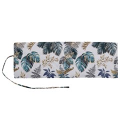 Blue Metallic Leaves Pattern Roll Up Canvas Pencil Holder (m) by designsbymallika