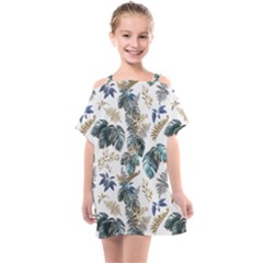 Blue Metallic Leaves Pattern Kids  One Piece Chiffon Dress by designsbymallika