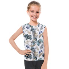 Blue Metallic Leaves Pattern Kids  Mesh Tank Top by designsbymallika