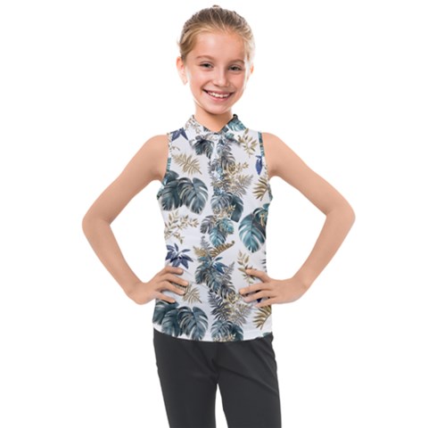 Blue Metallic Leaves Pattern Kids  Sleeveless Polo Tee by designsbymallika