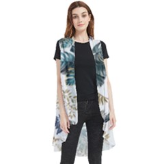 Blue Metallic Leaves Pattern Sleeveless Chiffon Waistcoat Shirt