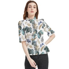 Blue Metallic Leaves Pattern Frill Neck Blouse