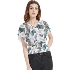 Blue Metallic Leaves Pattern Butterfly Chiffon Blouse