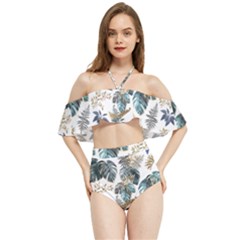 Blue Metallic Leaves Pattern Halter Flowy Bikini Set 