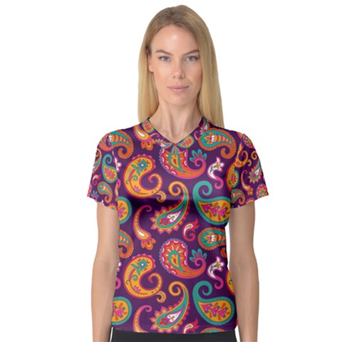 Paisley Purple V-neck Sport Mesh Tee by designsbymallika