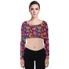 Paisley Purple Velvet Long Sleeve Crop Top by designsbymallika