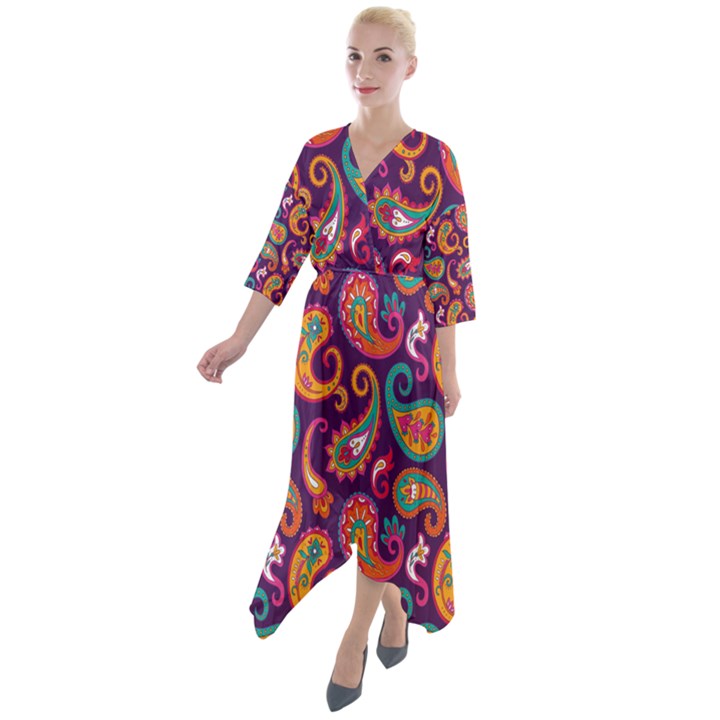 Paisley Purple Quarter Sleeve Wrap Front Maxi Dress