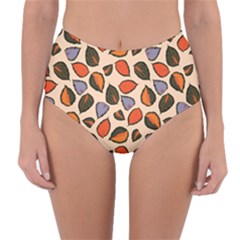 Orange Blue Leaves Pattern Reversible High-waist Bikini Bottoms by designsbymallika