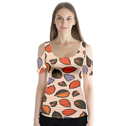 Orange Blue Leaves Pattern Butterfly Sleeve Cutout Tee  by designsbymallika