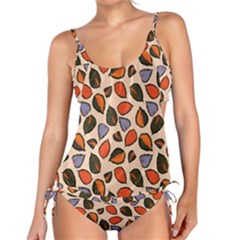 Orange Blue Leaves Pattern Tankini Set by designsbymallika