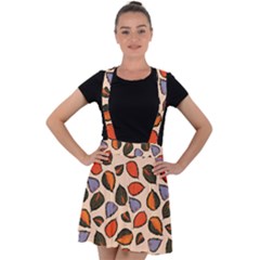 Orange Blue Leaves Pattern Velvet Suspender Skater Skirt by designsbymallika