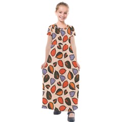 Orange Blue Leaves Pattern Kids  Short Sleeve Maxi Dress by designsbymallika