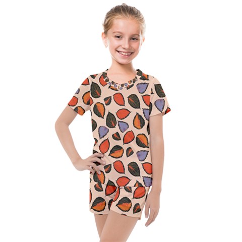 Orange Blue Leaves Pattern Kids  Mesh Tee And Shorts Set by designsbymallika