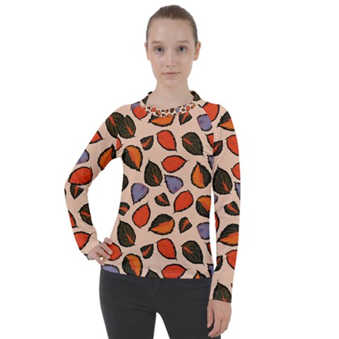 Orange Blue Leaves Pattern Women s Pique Long Sleeve Tee by designsbymallika