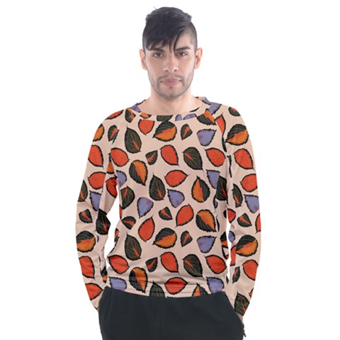 Orange Blue Leaves Pattern Men s Long Sleeve Raglan Tee by designsbymallika