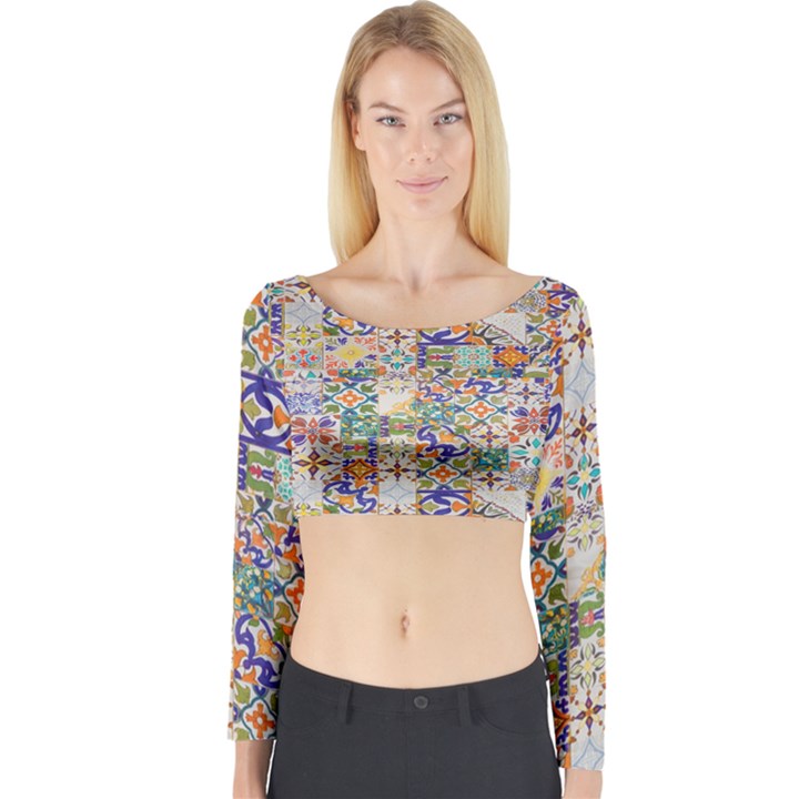 Mosaic Print Long Sleeve Crop Top