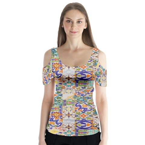 Mosaic Print Butterfly Sleeve Cutout Tee  by designsbymallika