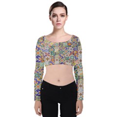 Mosaic Print Velvet Long Sleeve Crop Top by designsbymallika