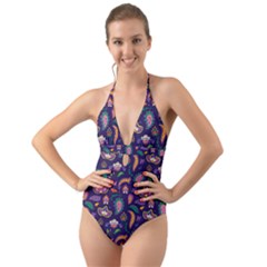 Paisley Print 2 Halter Cut-out One Piece Swimsuit by designsbymallika