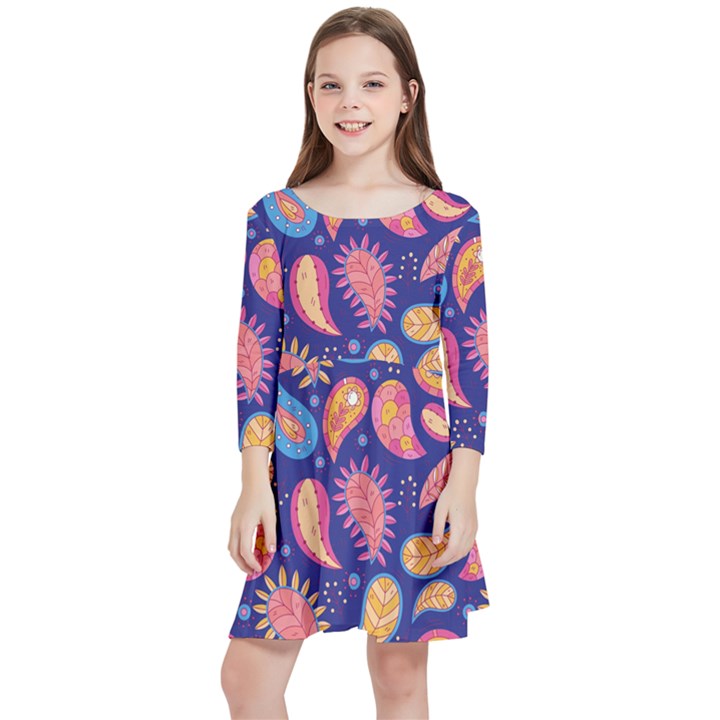 Blue Paisley Print 2 Kids  Quarter Sleeve Skater Dress