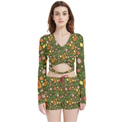 Tropical Fruits Love Velvet Wrap Crop Top And Shorts Set