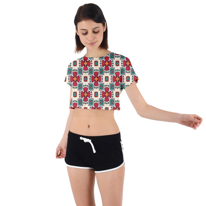 Seamless Red Pattern Tie Back Short Sleeve Crop Tee