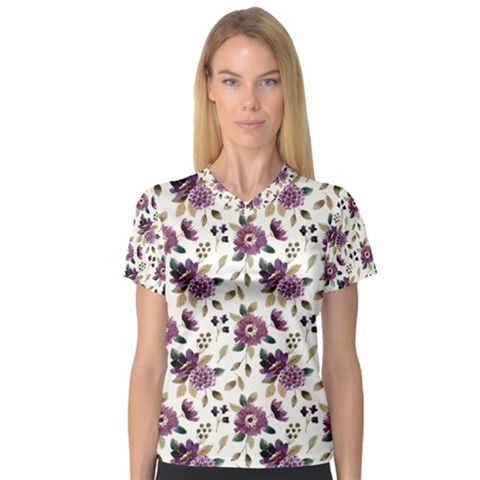 Pretty Dark Magenta Flowers V-neck Sport Mesh Tee by designsbymallika